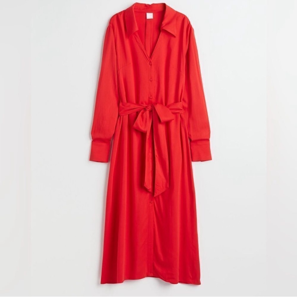 Red Long Sleeve Button-Up Dress
